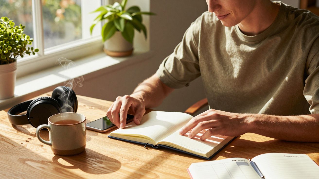 Osoba siedząca przy biurku z otwartym notesem, obok filiżanka kawy i słuchawki, zieleń w tle.