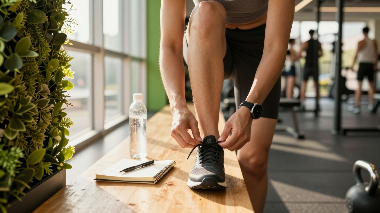 Osoba wiąże buty sportowe na ławce w siłowni, obok notatnik i butelka wody.