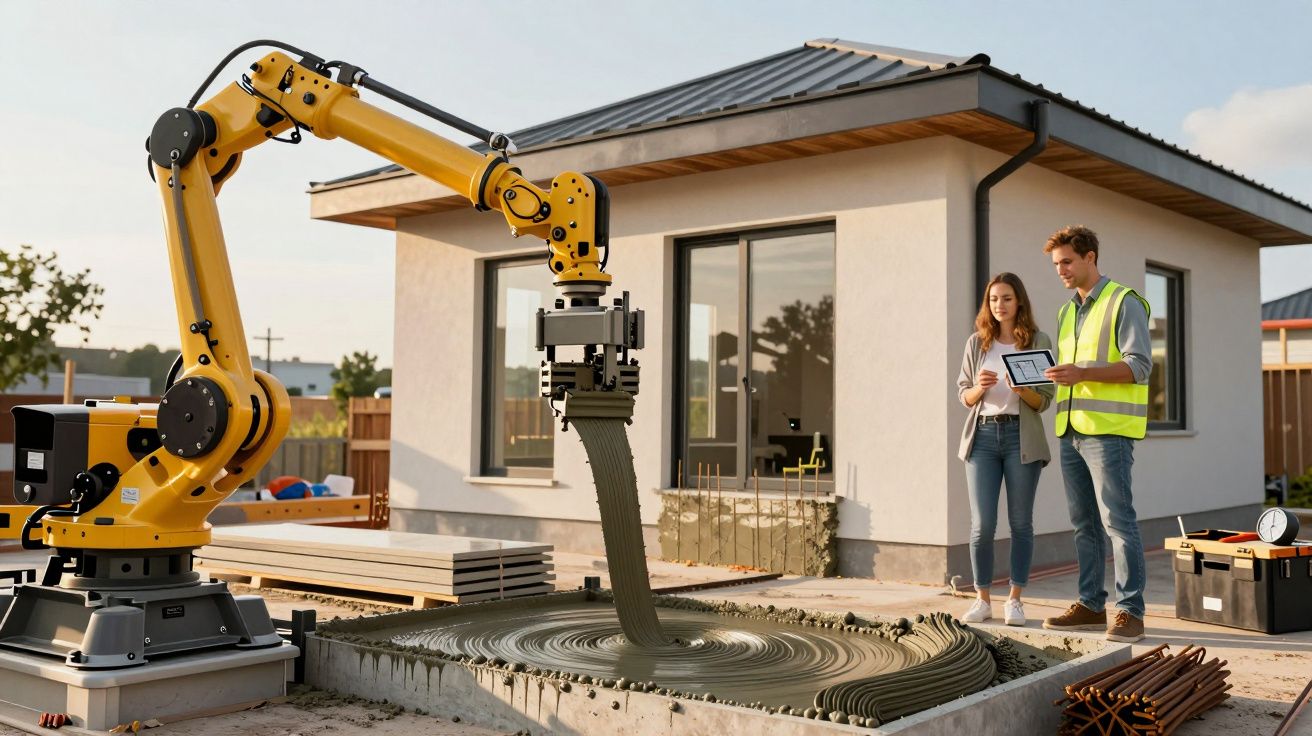 Robot budowlany drukujący betonowe struktury, obok dwoje ludzi z tabletem.