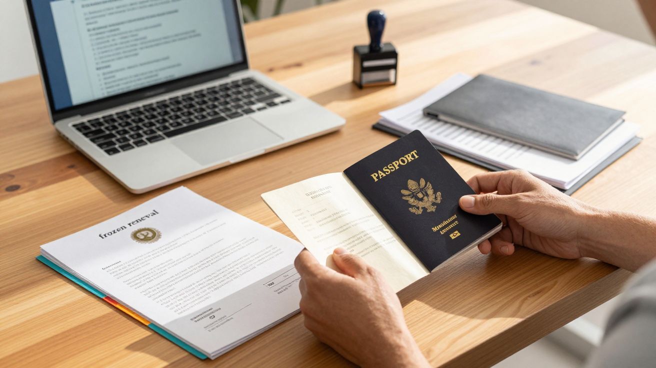 Osoba trzyma paszport, na biurku laptop, dokumenty, pieczątka i notes.