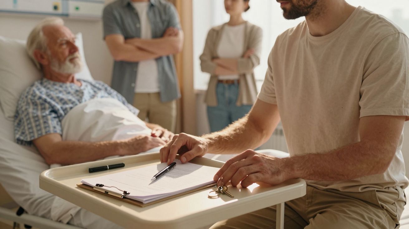 Lekarz w szpitalu rozmawia z pacjentem i jego rodziną, trzymając dokumenty na stoliku przy łóżku.