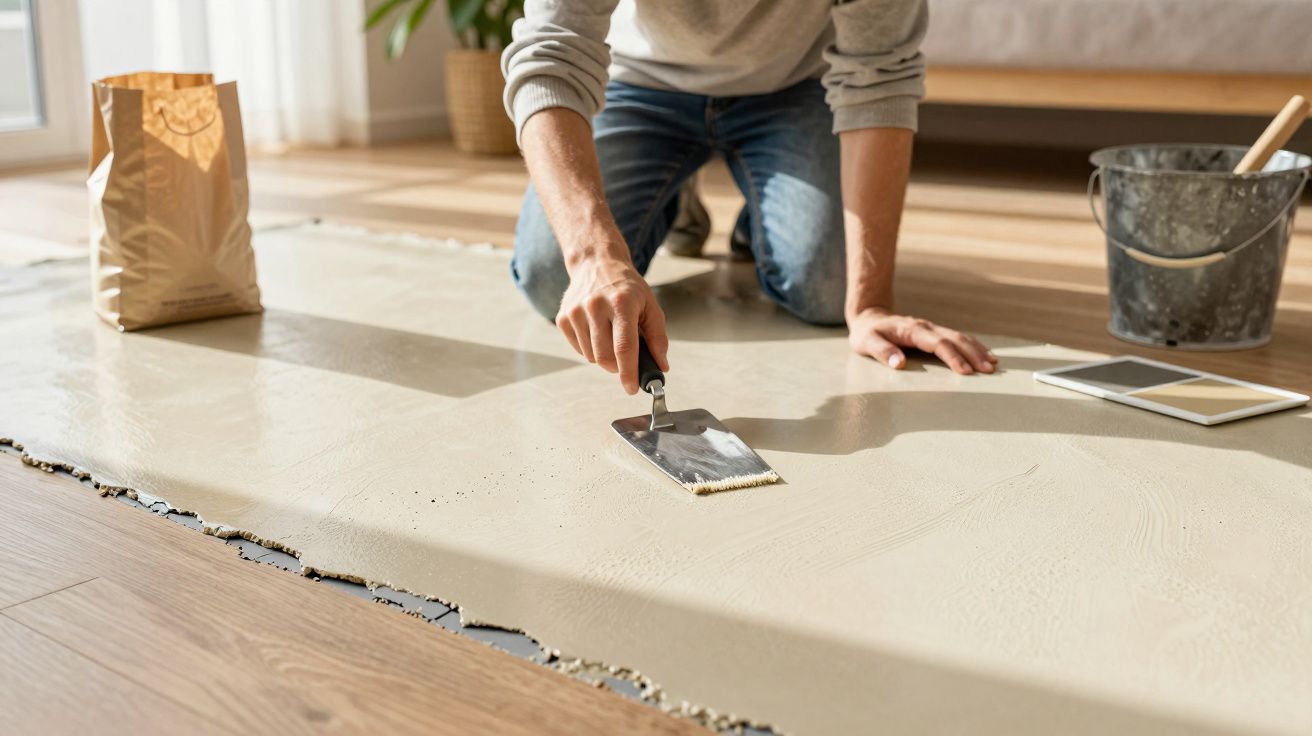 Osoba wygładzająca zaprawę na podłodze w jasnym pokoju, obok wiadro i próbki kolorów.