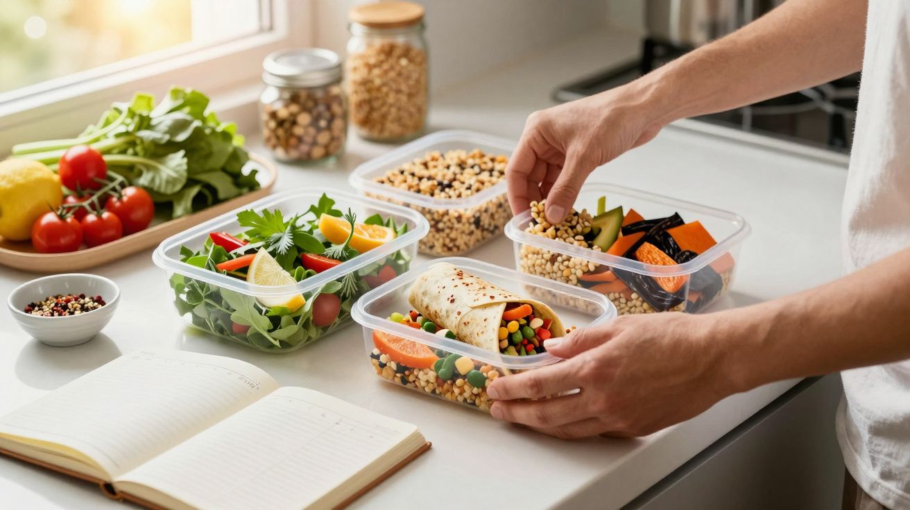 Osoba przygotowująca pudełka z sałatką, wrapem oraz warzywami na blacie kuchennym obok otwartego notatnika.