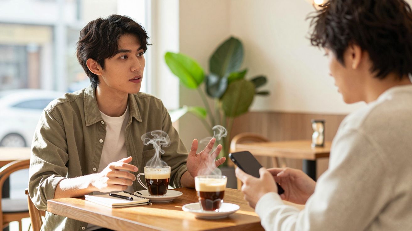 Dwóch mężczyzn w kawiarni, rozmawiają przy kawie; jeden trzyma telefon, drugi gestykuluje.