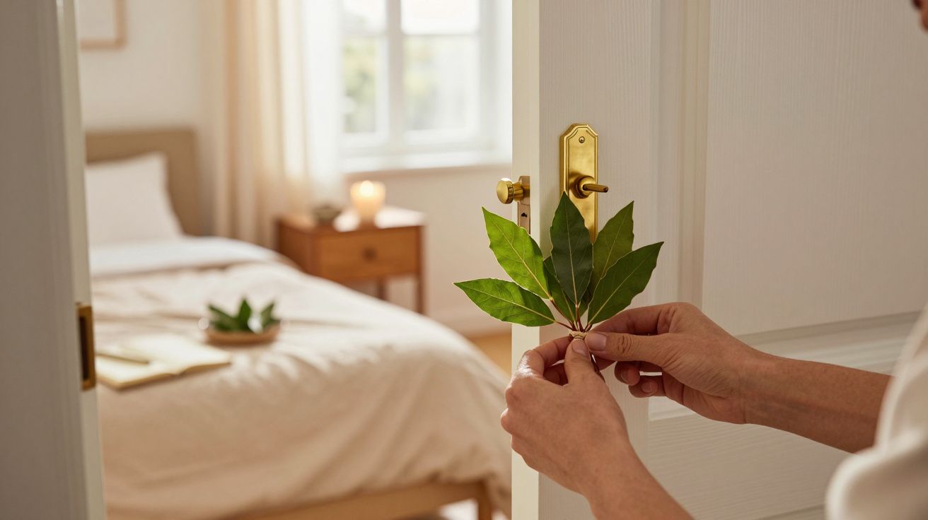 Osoba przyczepiająca gałązkę z liśćmi do klamki drzwi, w tle sypialnia z łóżkiem i szafką nocną.