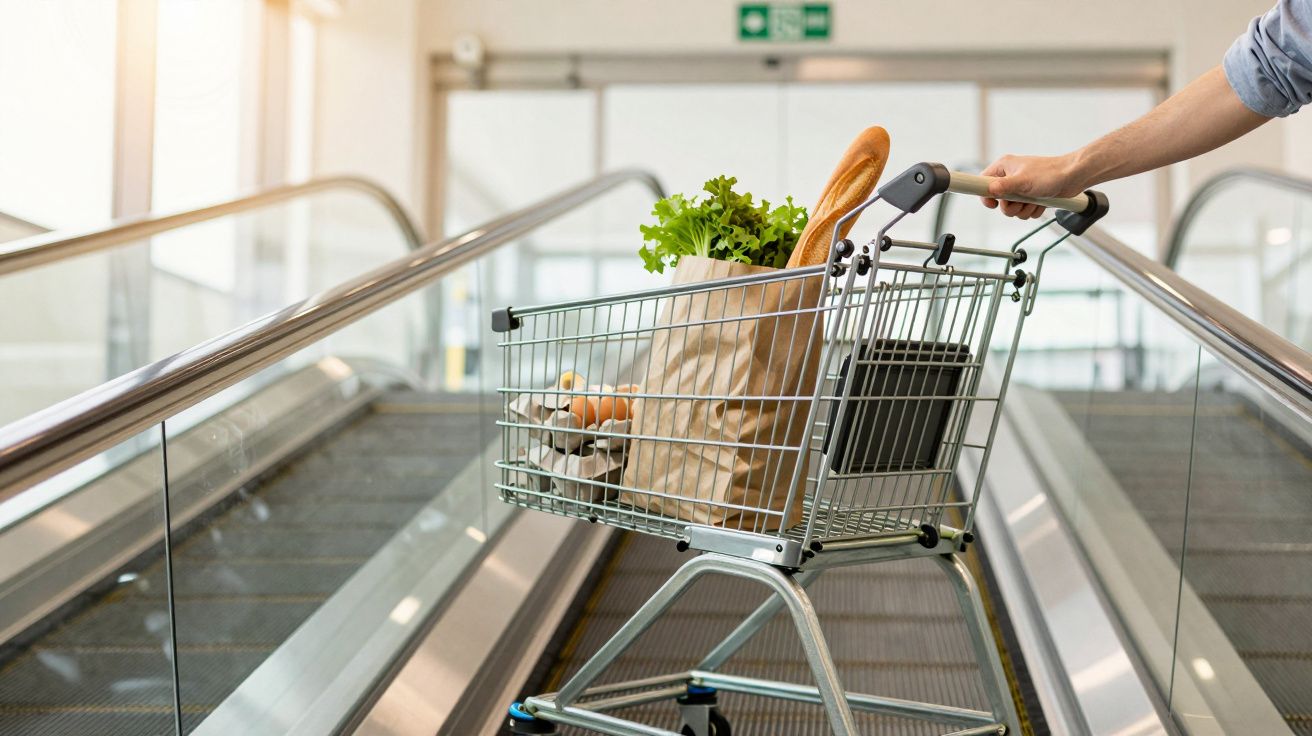 Wózek sklepowy z zakupami na ruchomych schodach, wypełniony torbą z warzywami i pieczywem.