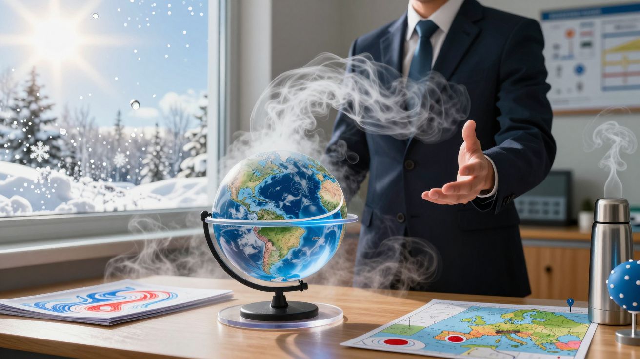 Człowiek w garniturze gestykuluje nad wirującym globusem na biurku, na tle zaśnieżonego krajobrazu za oknem.