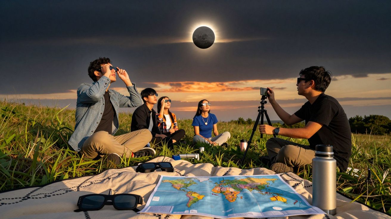 Grupa ludzi obserwuje zaćmienie Słońca na łące. Przed nimi leży mapa i termos, a jeden robi zdjęcie.